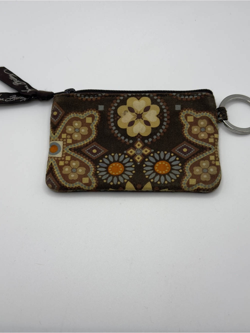 Vera Bradley Canyon pattern, Brown and Blue Floral Zip ID case with Keyring.